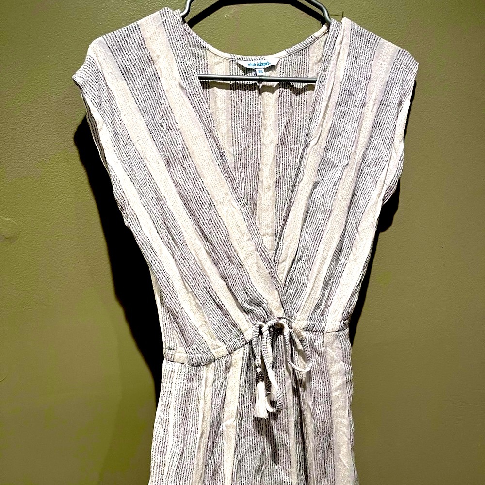 New Blue Island Silver White Wrap Maxi Dress Striped Glitter V Neck Spring - Picture 5 of 16